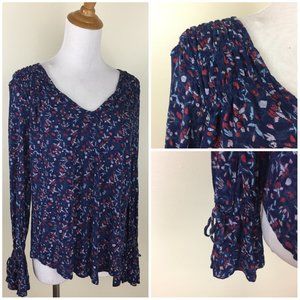LUCKY BRAND Adjustable Drawstring Blue MultiColor Floral Print Long Sleeve Shirt